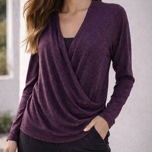 LUCY Plum Purple Uplifting Wrap Surplice Wool Blend Jersey Knit Top SZ Medium